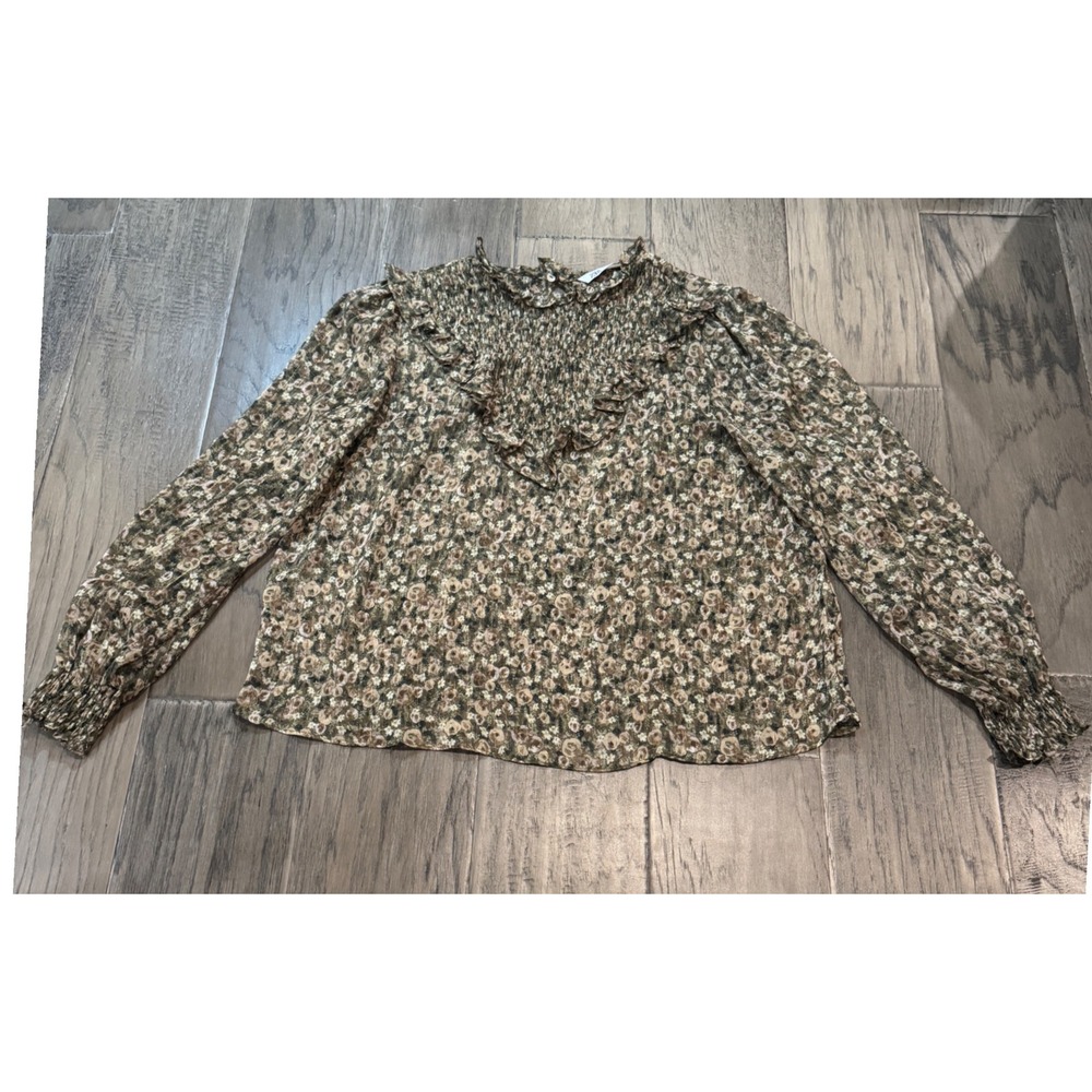 Zara Floral Ruffle Smocked‎ Mock Neck Blouse Long Sleeve Top Womens Large